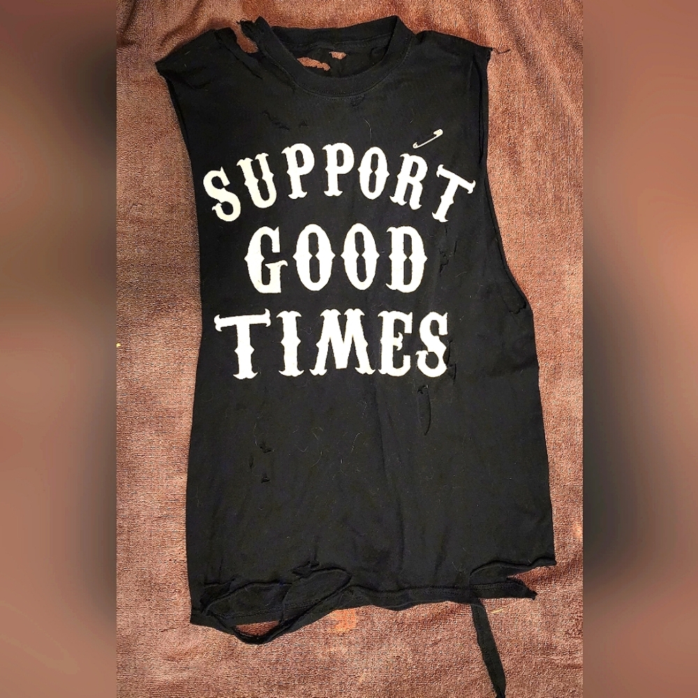 Godspeed distressed shirt that says Support Good Times in a size L